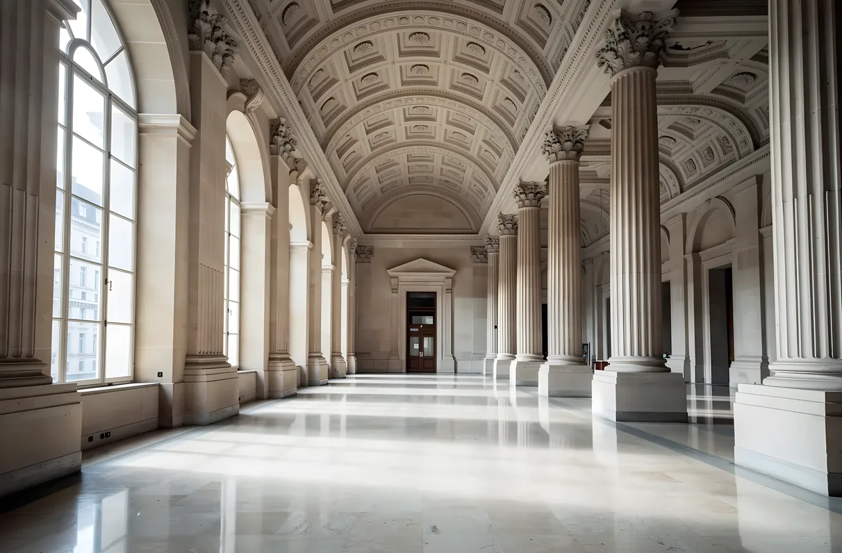 European courthouse interior with stone columns and marble floor