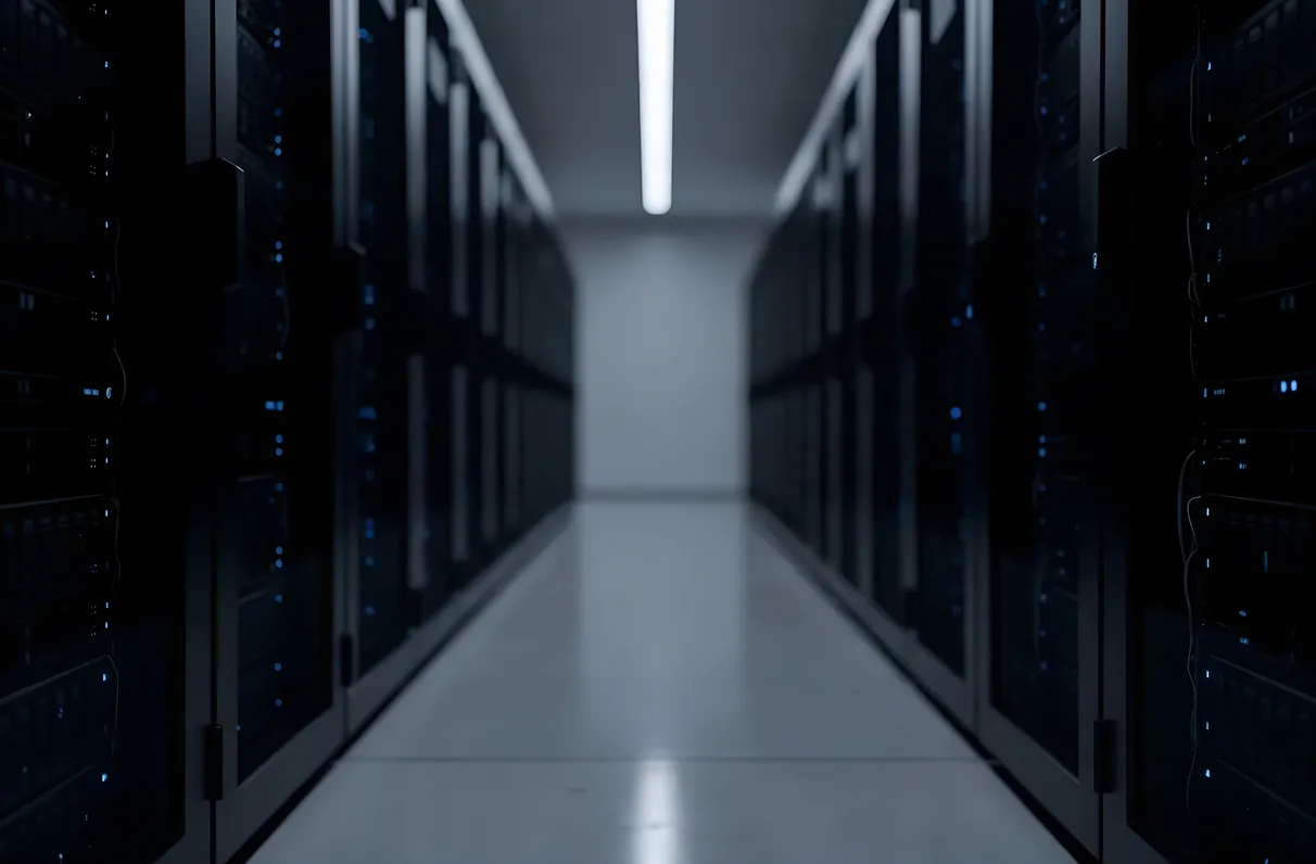 Server room corridor with blue indicator lights