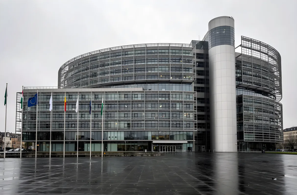Modern institutional building with curved glass facade