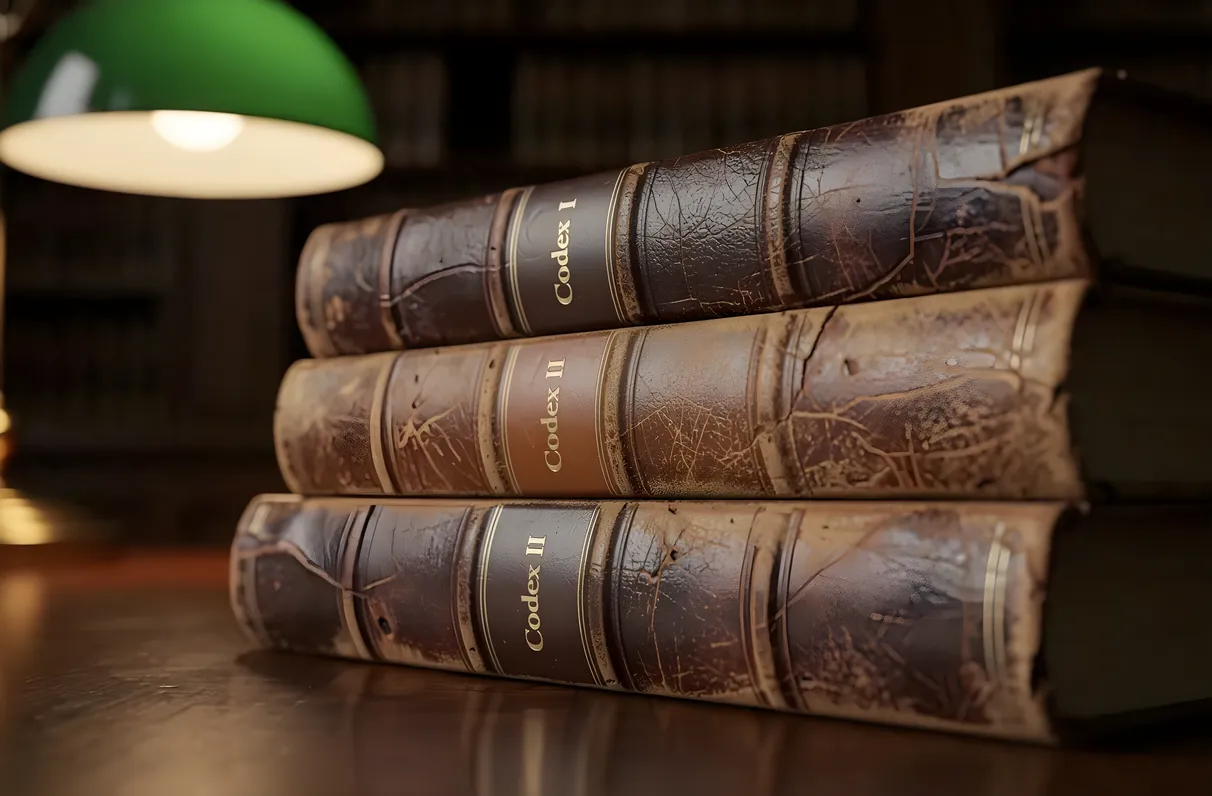 Leather-bound legal codices on a library table